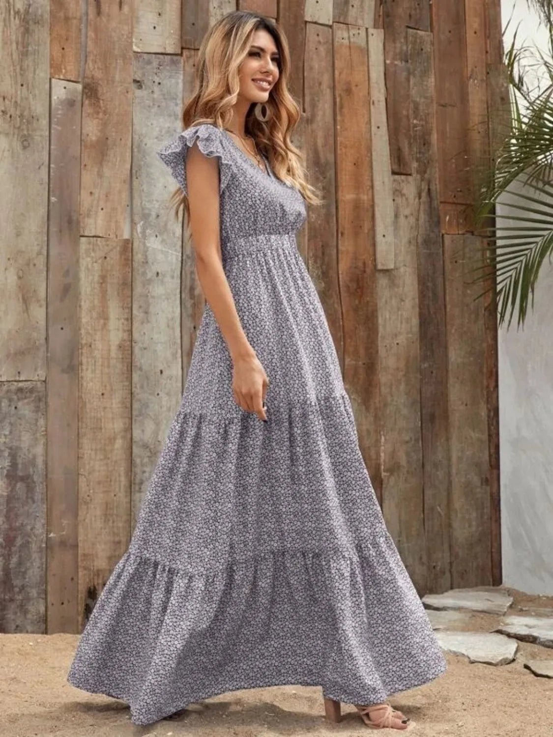 Printed V - Neck Ruffled Cap Sleeve Maxi Dress - GlossDrop