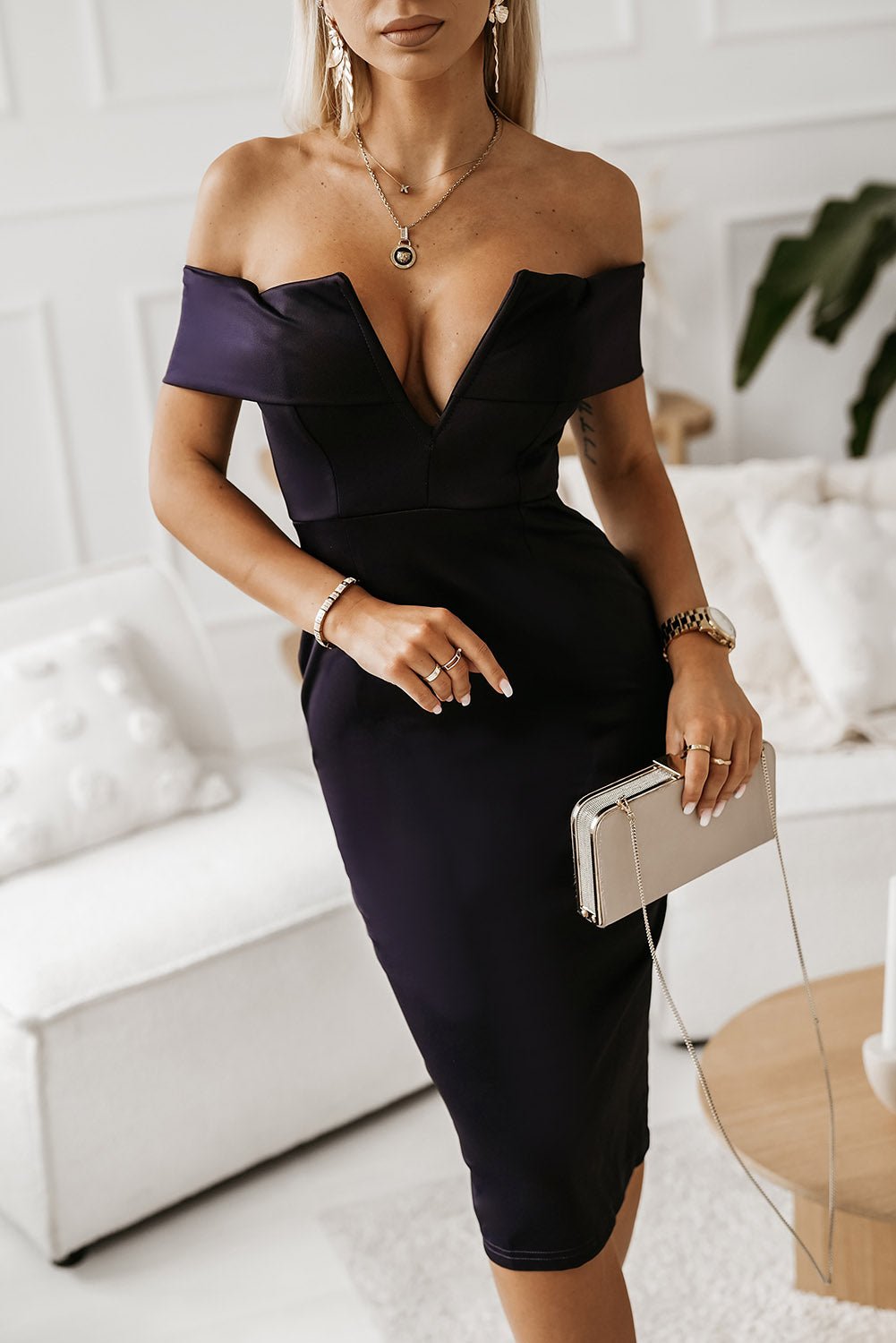 Off - Shoulder Zip - Back Slit Dress - GlossDrop