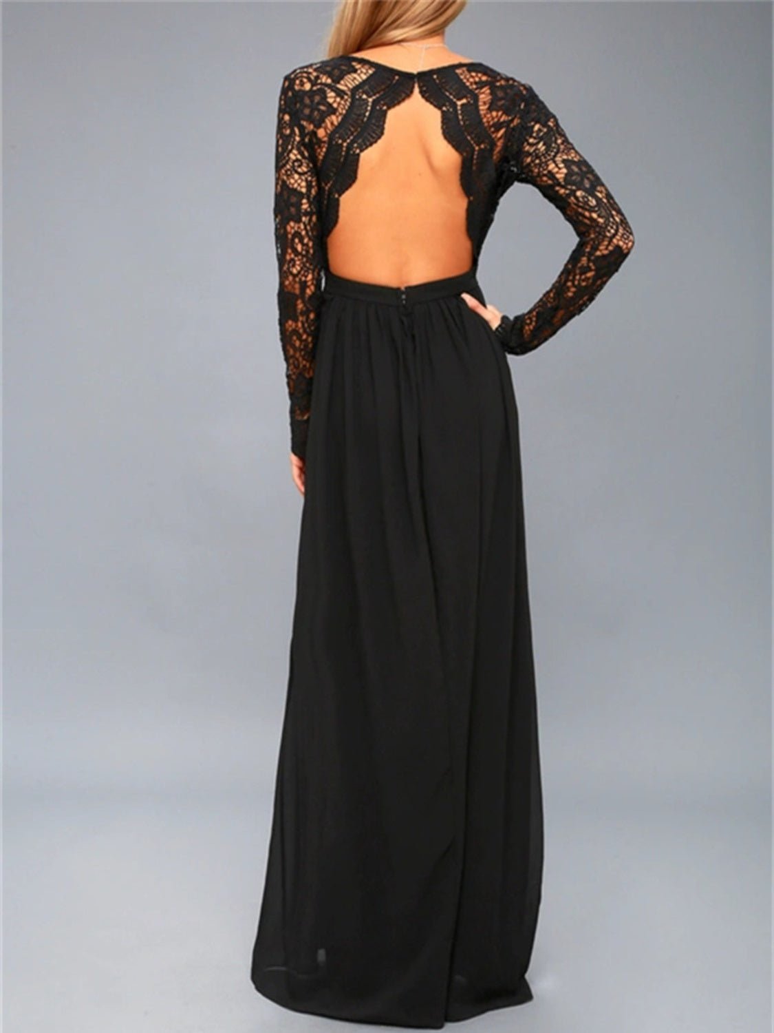 Lace Detail Backless Long Sleeve Maxi Dress - GlossDrop