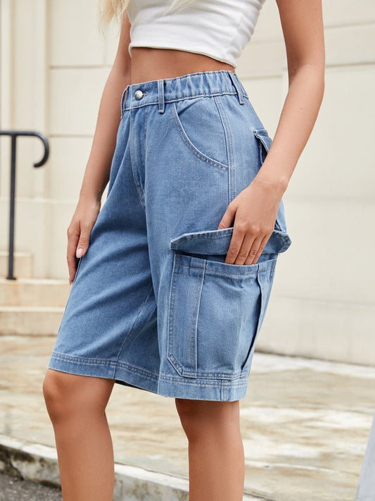 High Waist Denim Shorts with Pockets - GlossDrop