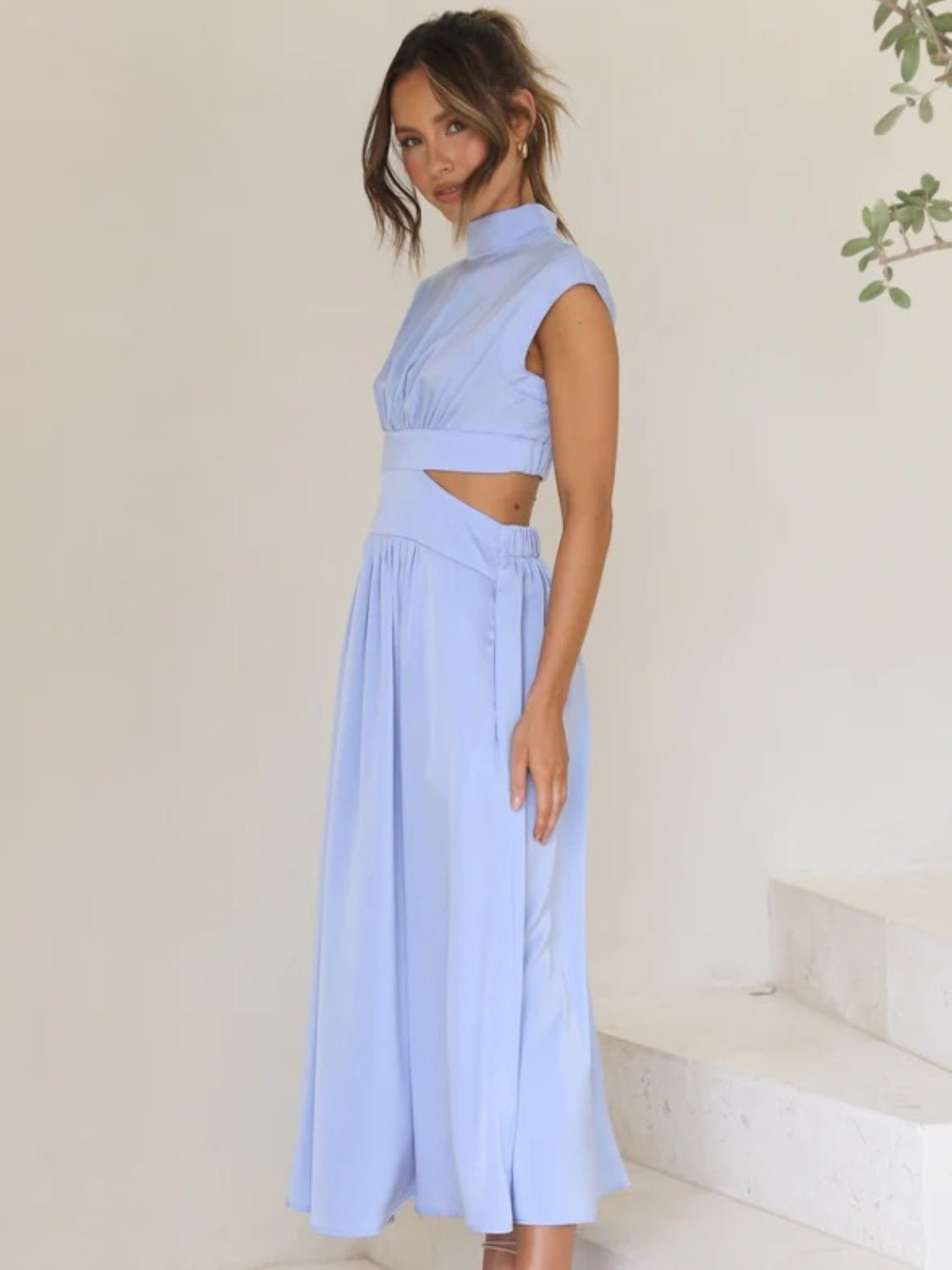 Cutout Mock Neck Sleeveless Ruched Dress - GlossDrop