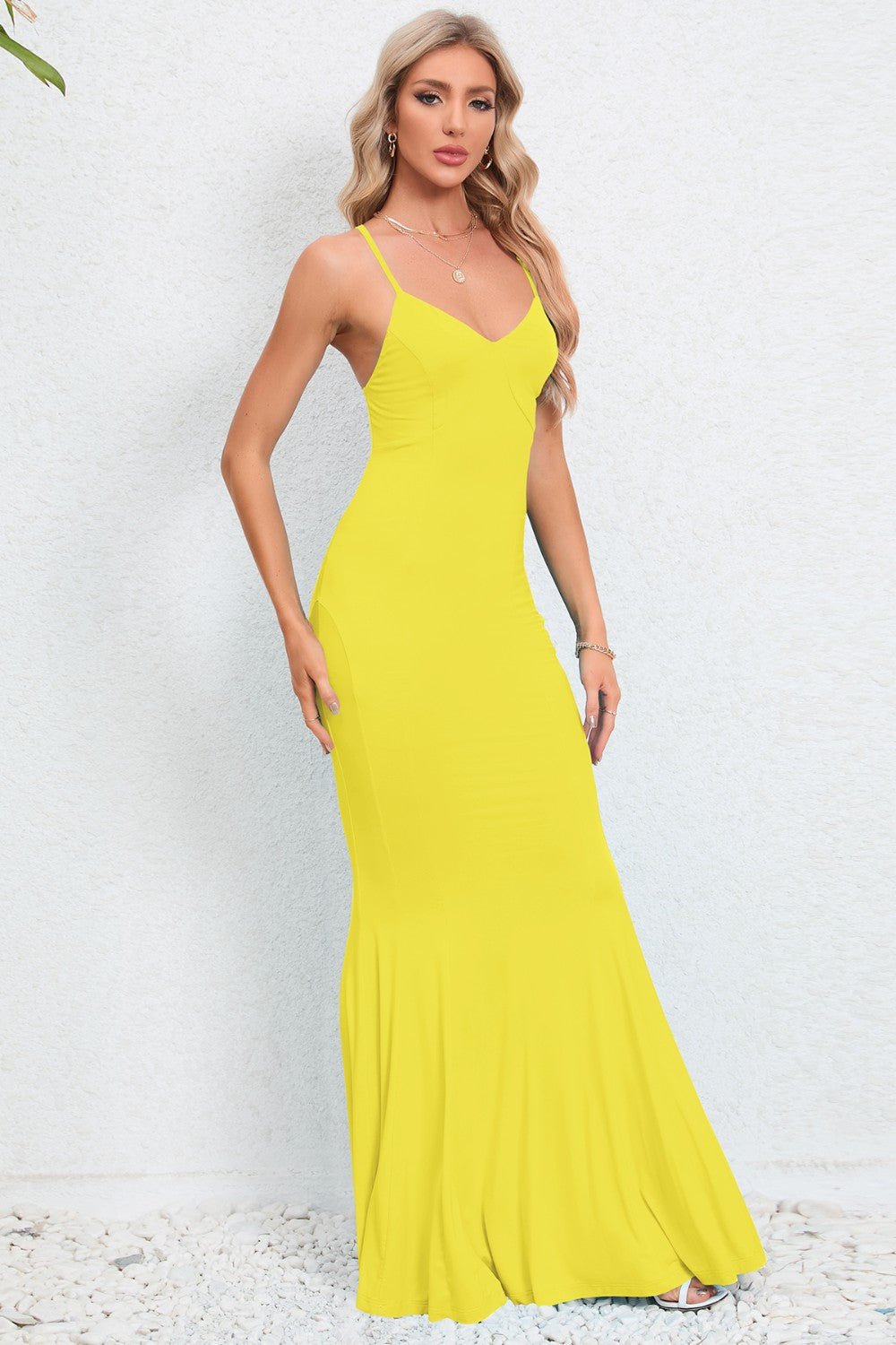 Crisscross Spaghetti Strap Fishtail Dress - GlossDrop