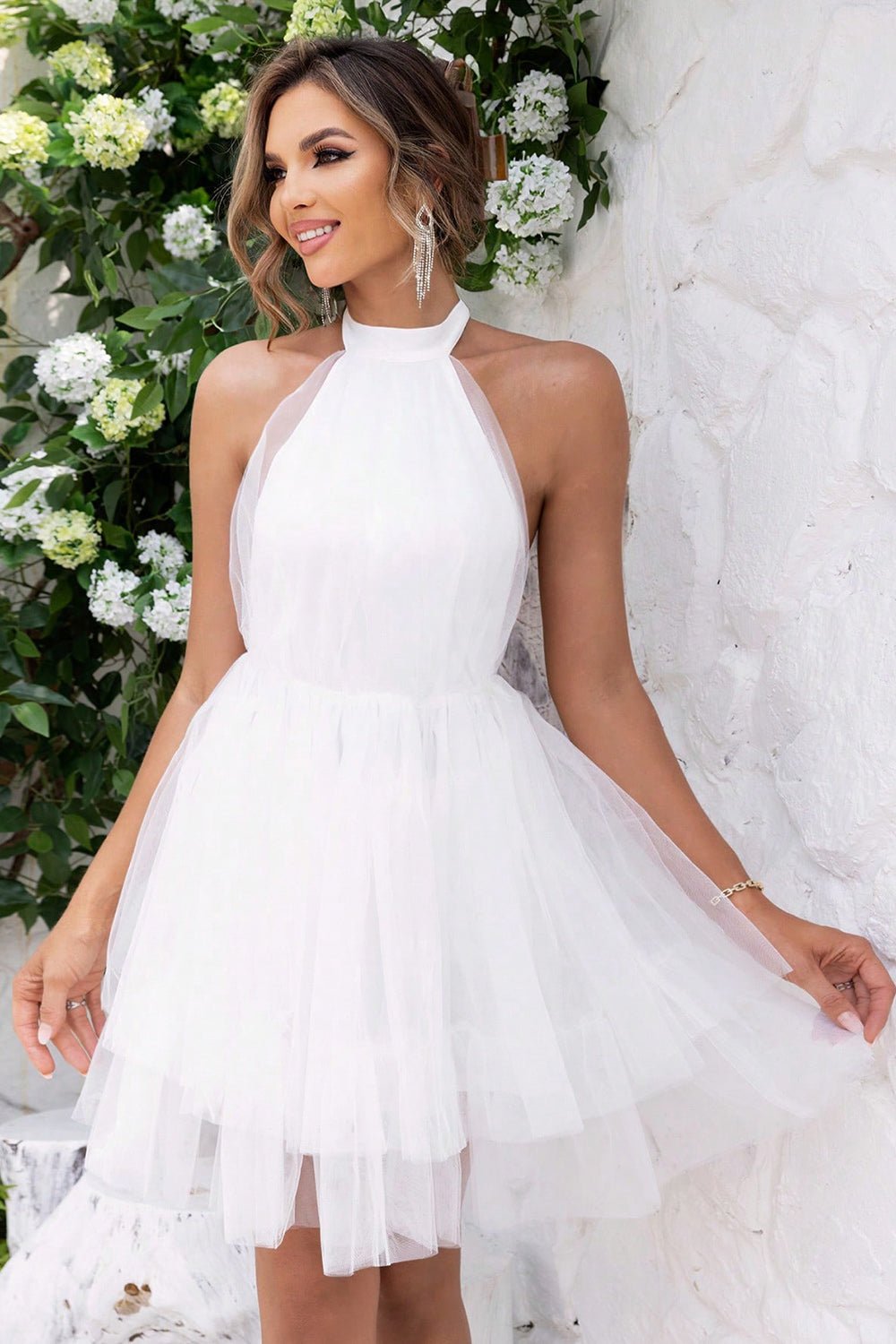 Halter Neck Backless Mesh Dress - GlossDrop