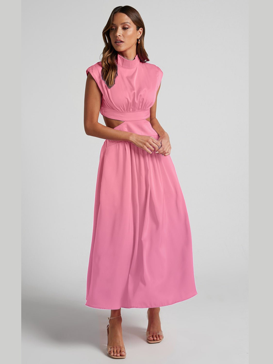 Cutout Mock Neck Sleeveless Ruched Dress - GlossDrop