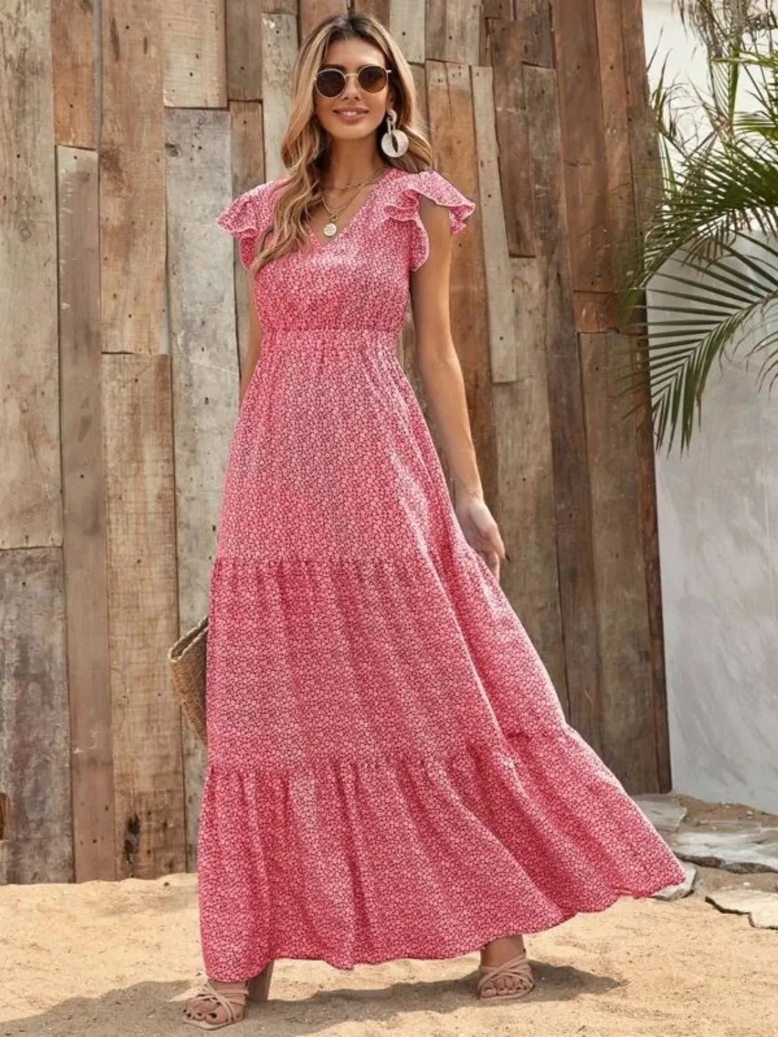 Printed V - Neck Ruffled Cap Sleeve Maxi Dress - GlossDrop