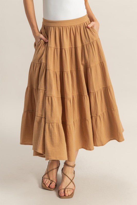 HYFVE Double Gauze Tiered Midi Skirt with Pockets - GlossDrop