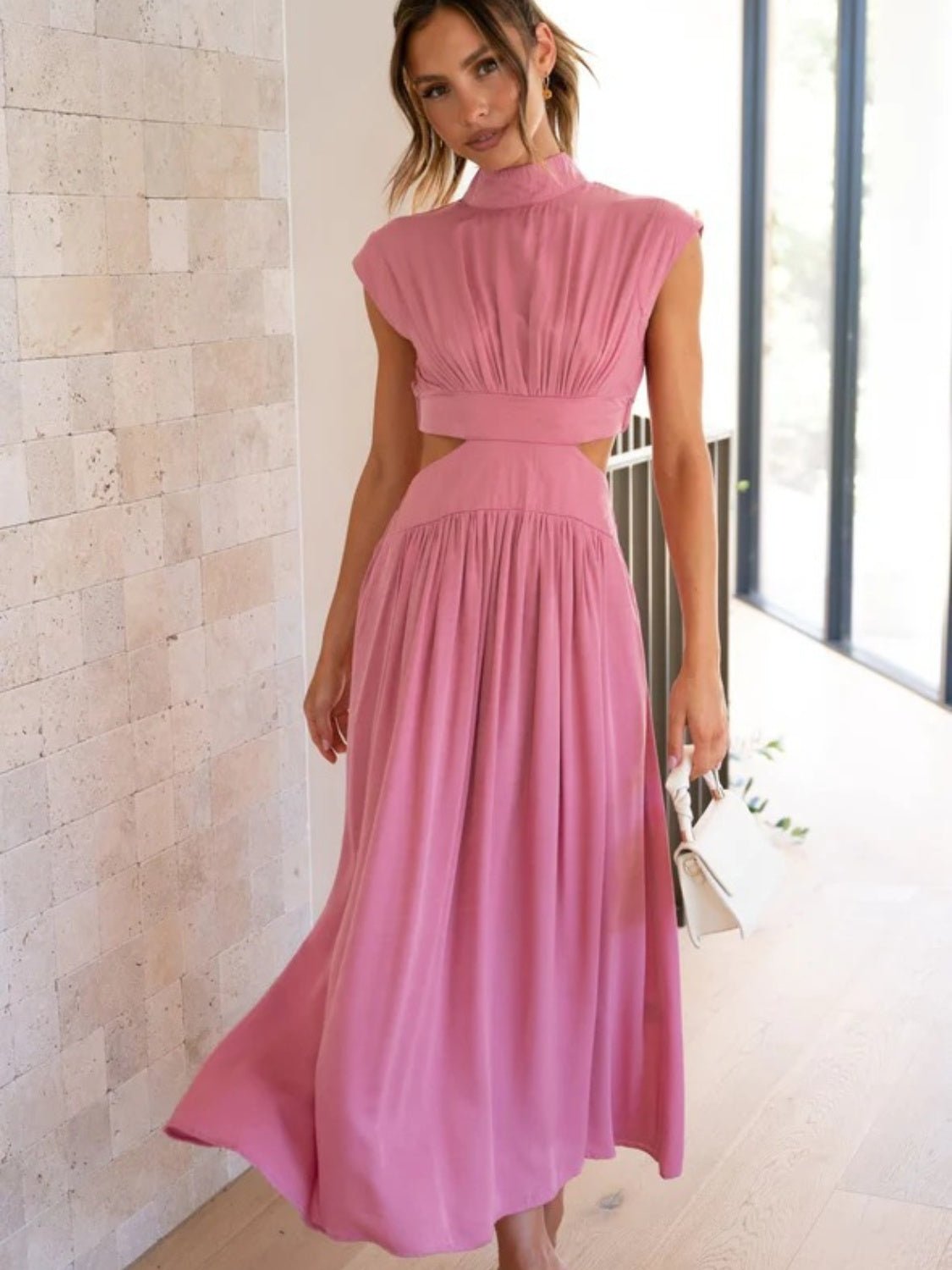 Cutout Mock Neck Sleeveless Ruched Dress - GlossDrop