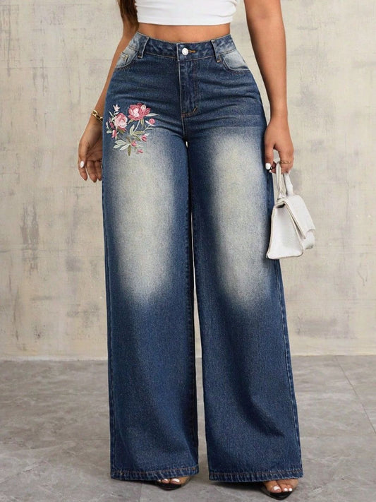 Embroidered Wide Leg Jeans - GlossDrop