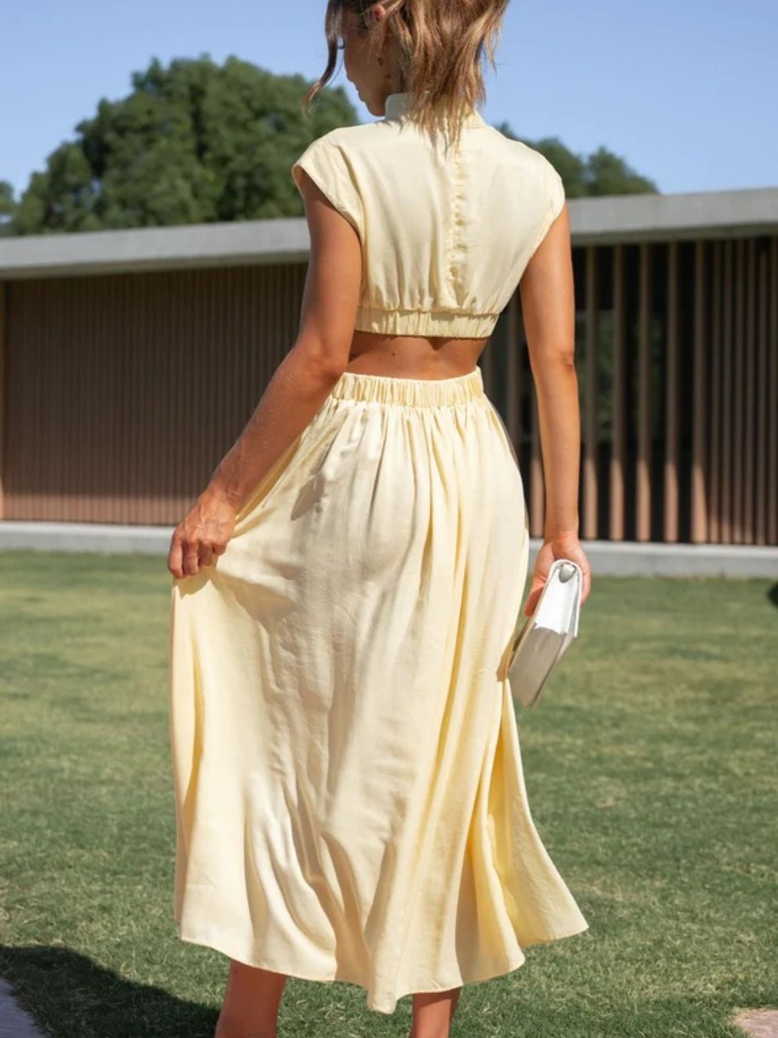 Cutout Mock Neck Sleeveless Ruched Dress - GlossDrop