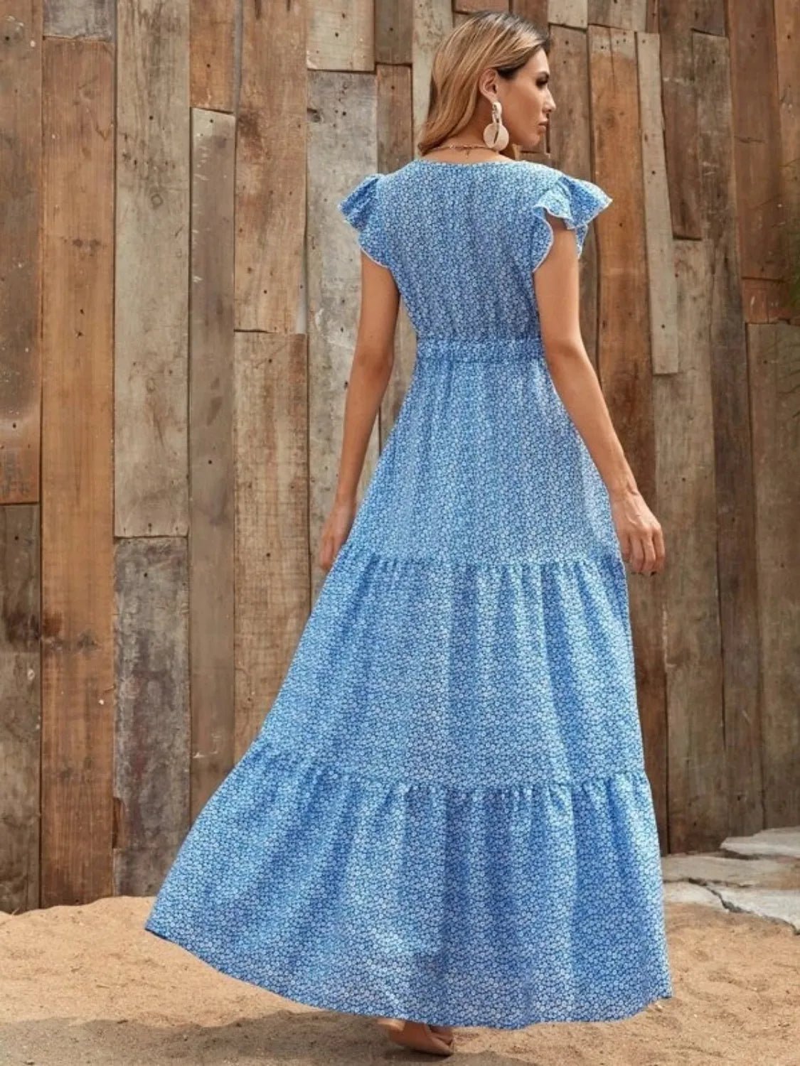 Printed V - Neck Ruffled Cap Sleeve Maxi Dress - GlossDrop