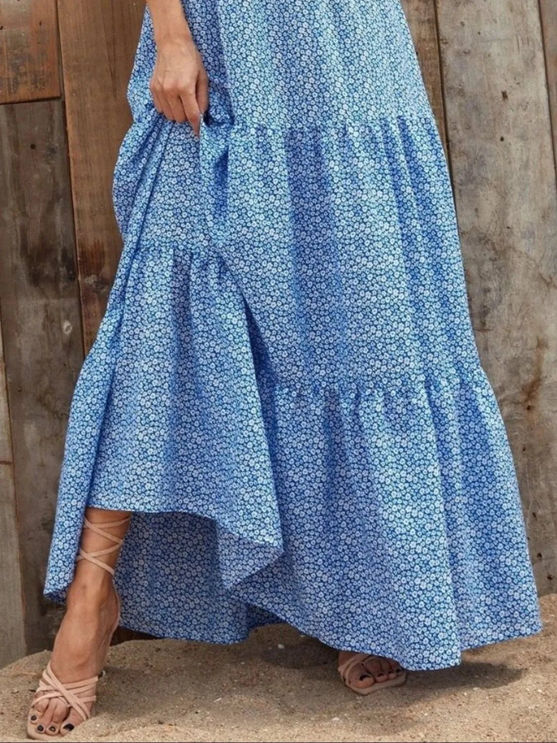 Printed V - Neck Ruffled Cap Sleeve Maxi Dress - GlossDrop