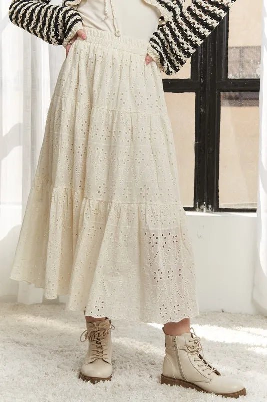 ADORA Elastic Waistband Tiered Midi Skirt - GlossDrop