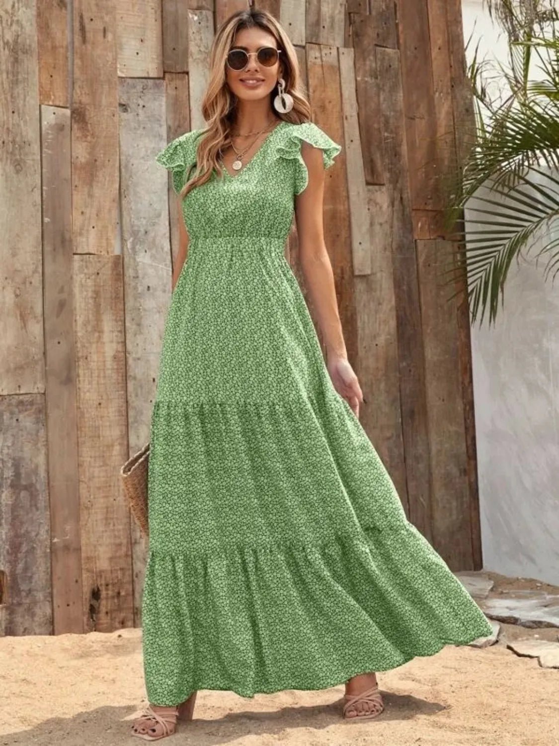 Printed V - Neck Ruffled Cap Sleeve Maxi Dress - GlossDrop