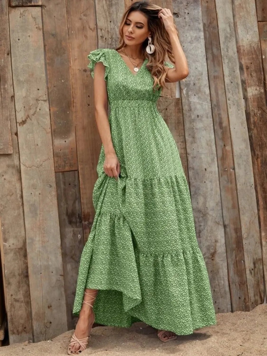 Printed V - Neck Ruffled Cap Sleeve Maxi Dress - GlossDrop