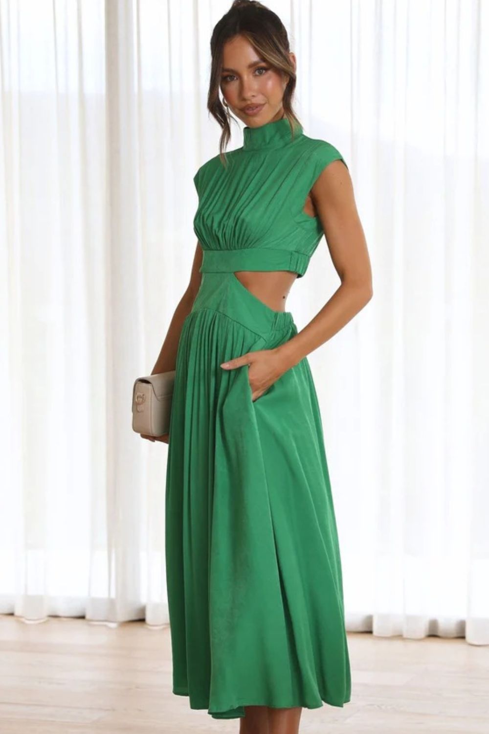 Cutout Mock Neck Sleeveless Ruched Dress - GlossDrop