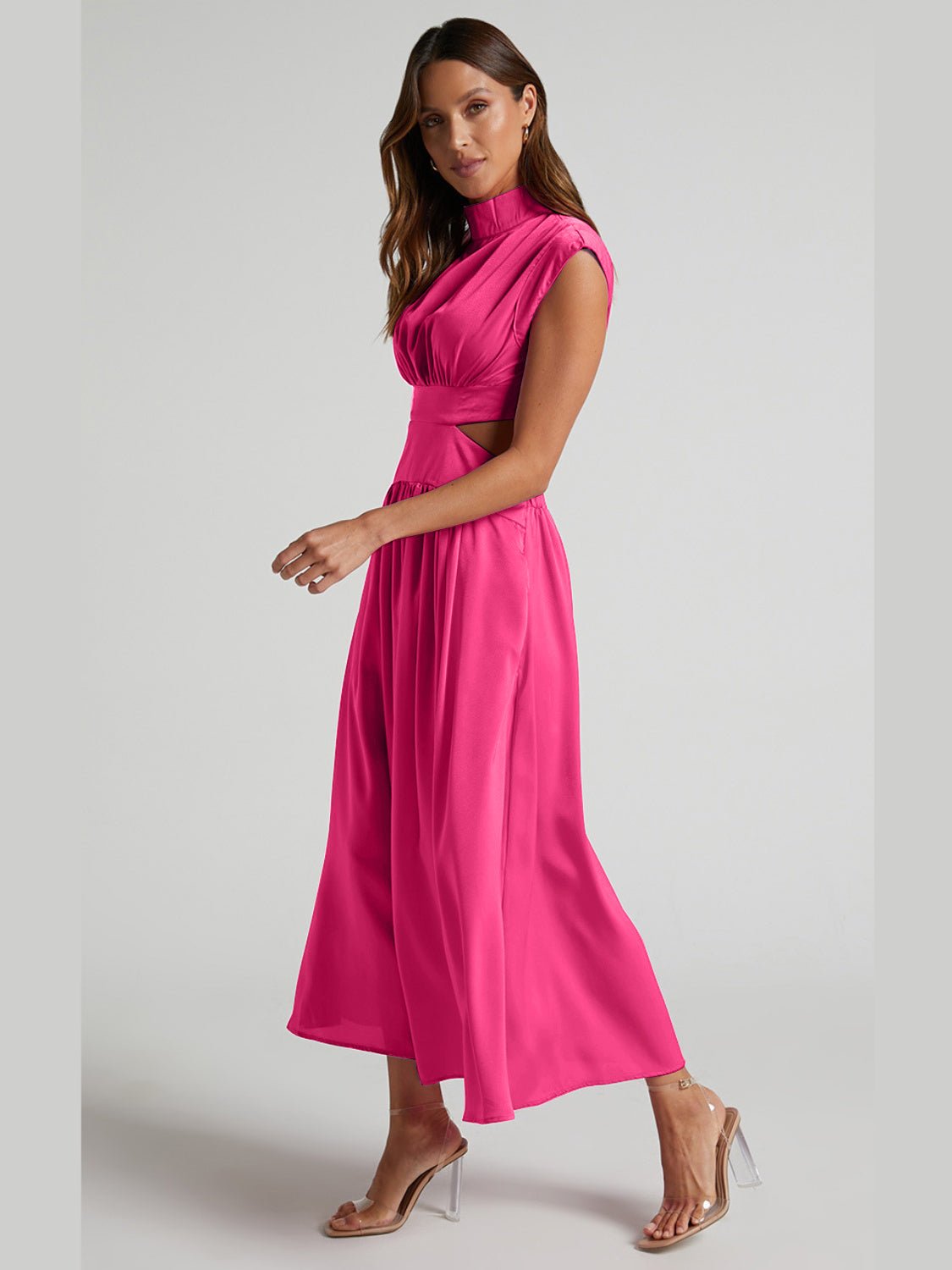 Cutout Mock Neck Sleeveless Ruched Dress - GlossDrop