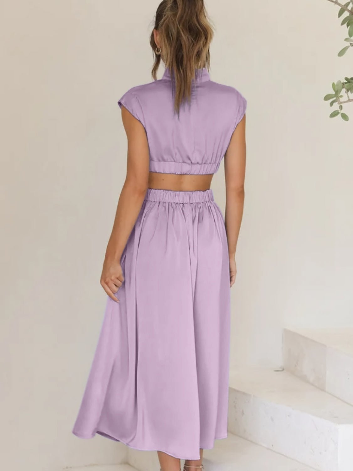 Cutout Mock Neck Sleeveless Ruched Dress - GlossDrop